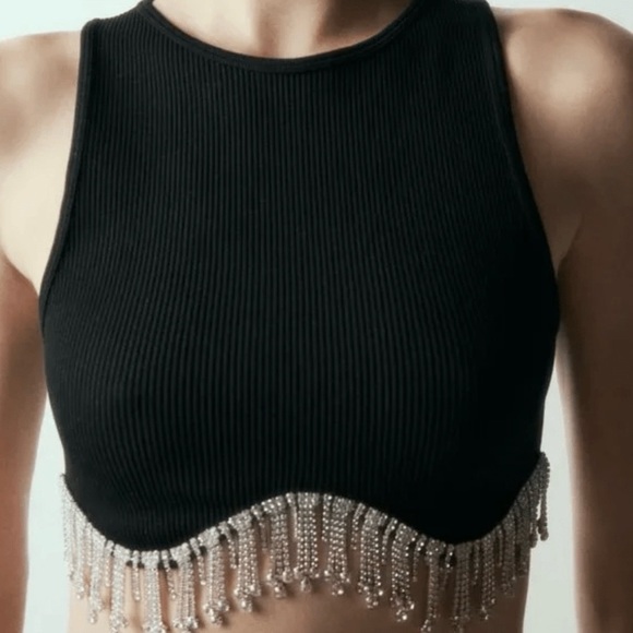 NWOT Zara Black Rhinestone Crop Top XS - Picture 5 of 5